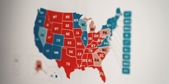 Grafik Landkarte USA mit nach Gewichtung eingefärbten Staaten