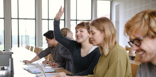 Students in seminar_04 Five students sitting in the seminar room at the table. A female student raises her hand.